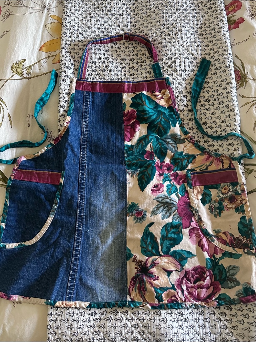 Floral Teal and Plum Patchwork Kitchen Apron with Denim Panel